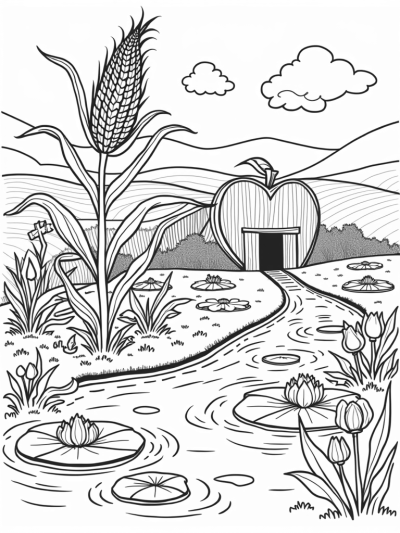 Giant Cornstalk and Apple Barn Farm Scene