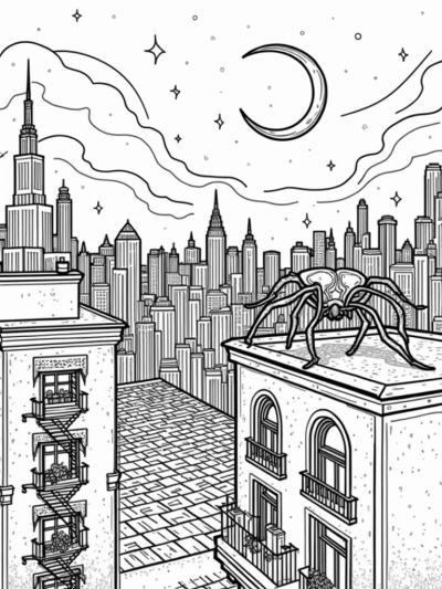 Urban Skyline with Spider Sculpture at Twilight