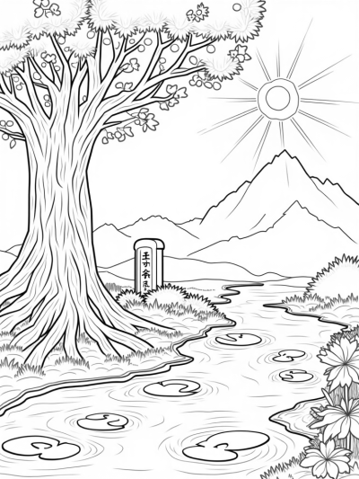 Ancient Tree with Glowing Orbs and Serene River