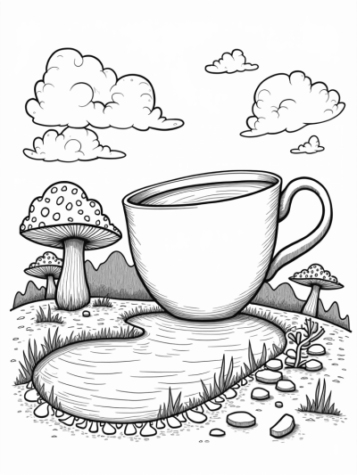 Surreal Landscape with Giant Teacup and Whimsical Tree