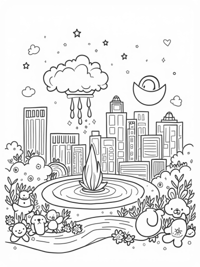 Playful City Skyline with Building Blocks and a Giant Pacifier Fountain