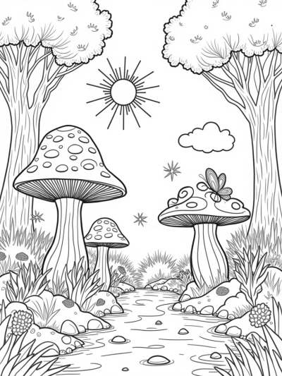 Oversized Mushrooms in a Magical Forest Glade