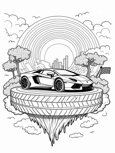 Lamborghini on a Tire Island with Rainbow Road