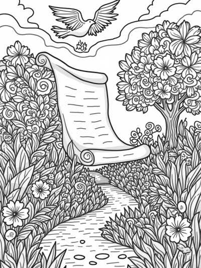 Serene Garden with Tree of Life and Ancient Scroll