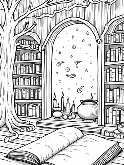 Enchanted Library with Tree Bookshelves and Floating Candles