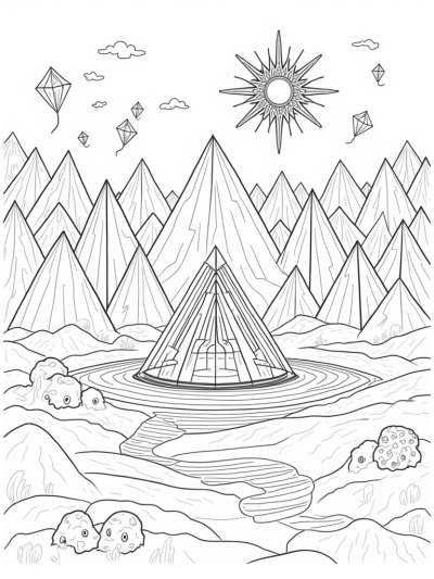 Geometric Landscape with Triangular Mountains and Kites