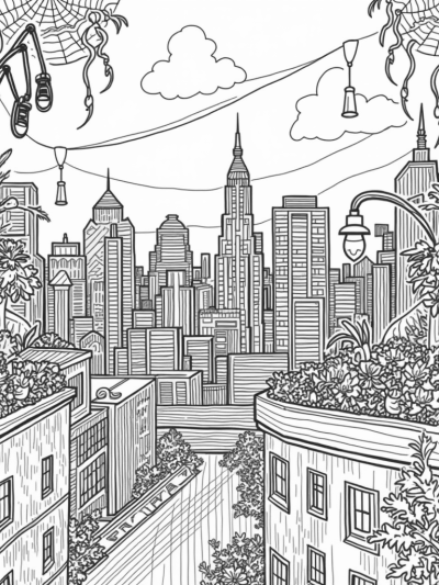 Twilight Urban Skyline with Spider Legs and Vintage Sneakers
