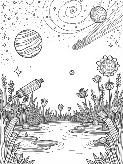 Celestial Garden with Blooming Planets and a Giant Telescope