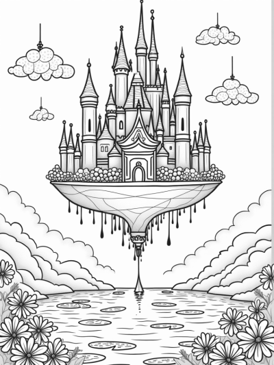 Floating Castle with Iridescent Towers and Shimmering Lake