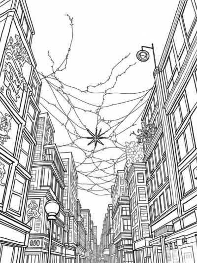 Twilight Cityscape with Glimmering Web and Comic Panels