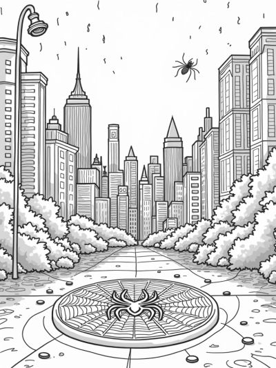 Twilight Cityscape with Spider Webs and Comic Book Pages
