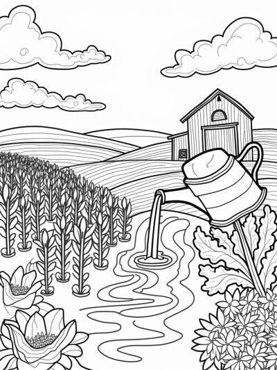 Vibrant Farm Landscape with Colorful Watering Can and Giant Carrot