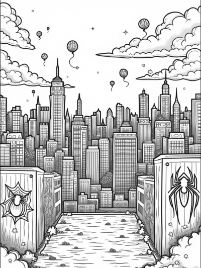 Urban Skyline at Dusk with Spider Webs and Speech Bubbles