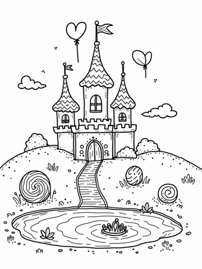 Candy Castle with Lollipop Garden and Sparkling Pond