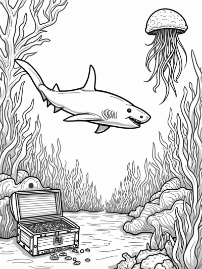 Underwater Coral Forest with a Giant Shark