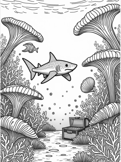Underwater Garden with a Shark and Treasure