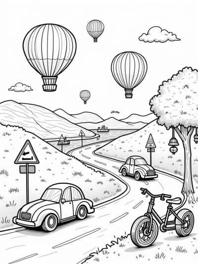 Hot Air Balloons and Wacky Vehicles in a Colorful Landscape
