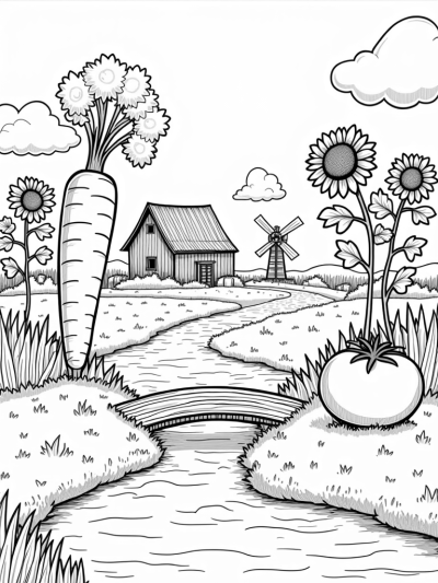 Gigantic Vegetables in a Whimsical Farm Landscape