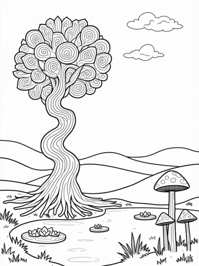 Whimsical Tree with Spiraling Roots and Vibrant Leaves