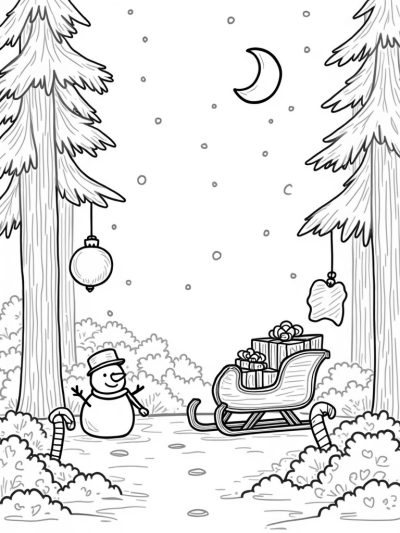 Holiday Forest Clearing with Snowman and Sleigh
