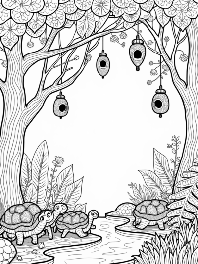 Jungle Canopy with Turtles and Colorful Birdhouses