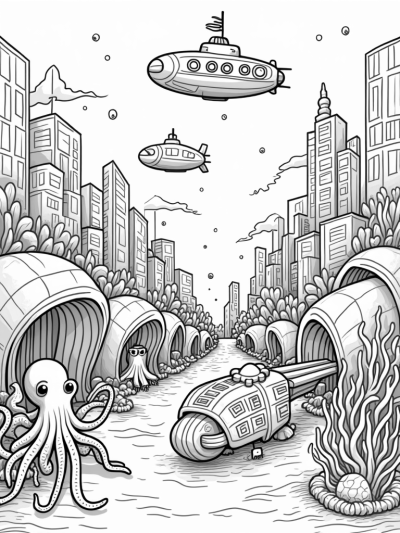 Underwater City with Colorful Submarines and a Jellyfish Blimp