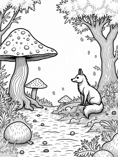 Oversized Mushrooms and a Fox in the Forest Glade