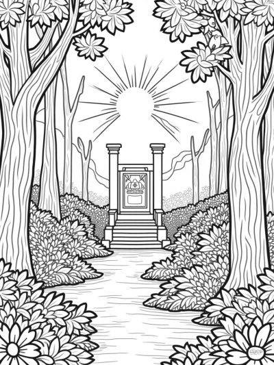 Serene Garden with Towering Trees and a Flowing River