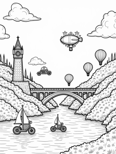 Floating Bicycles and Colorful Rivers in a Whimsical Cityscape