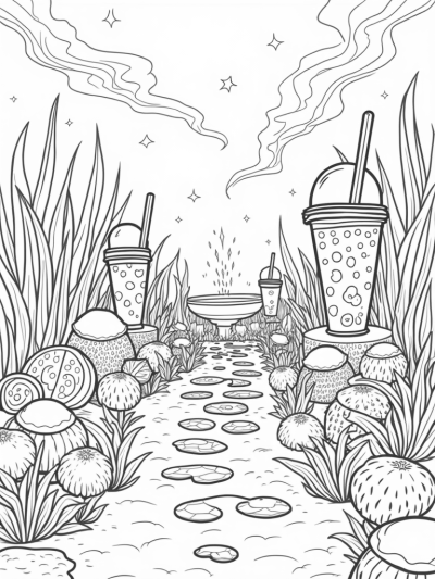 Boba Tea Garden with Oversized Cups and Giant Fruit Slices