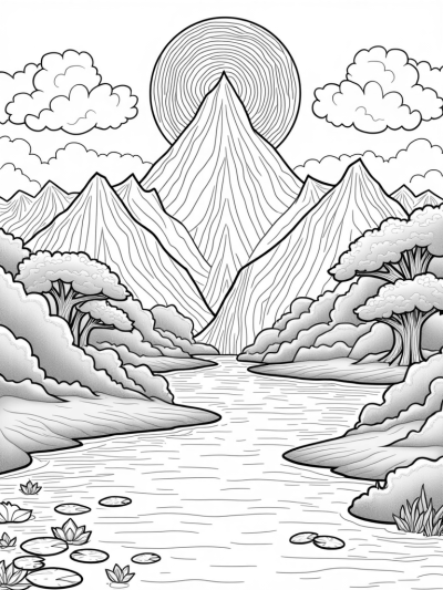 Majestic Mountain Sunrise with Whimsical Waterfalls