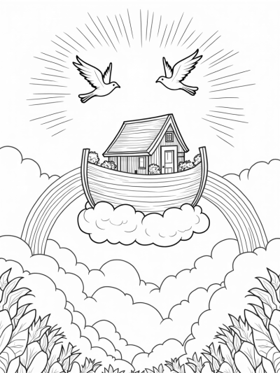 Floating Ark Surrounded by Rainbows and Doves