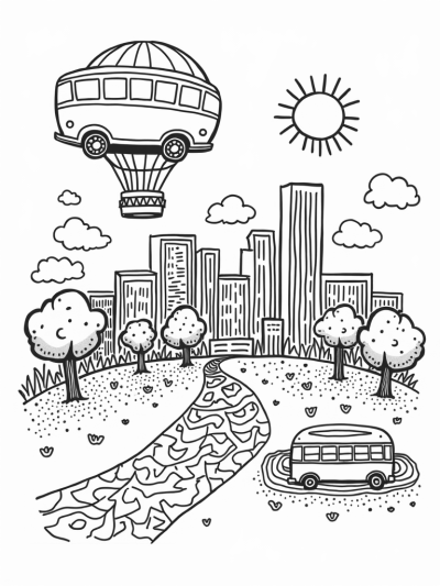 Giant Bus-Shaped Hot Air Balloon Over a Colorful Cityscape