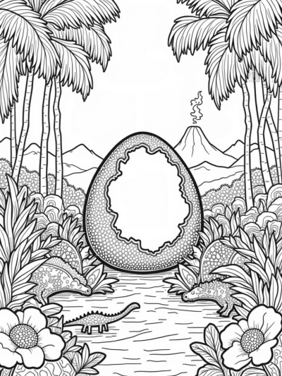Prehistoric Jungle with Tiny Dinosaurs and a Cracked Egg