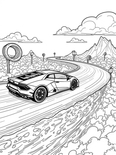Floating Lamborghini Over a Colorful Racetrack