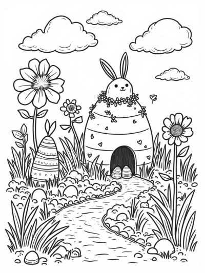 Oversized Flowers and Colorful Eggs in a Garden