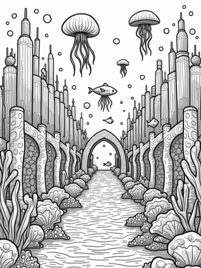 Underwater City with Coral Skyscrapers and Swimming Sharks