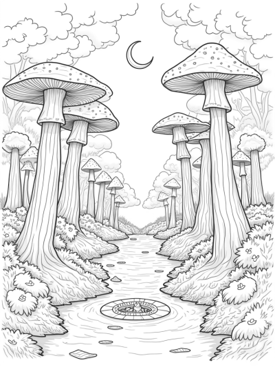 Enchanted Forest with Mushroom Archway and Starry River