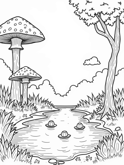 Tranquil Forest Glade with Colorful Mushrooms and Floating Lanterns