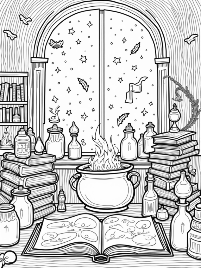 Magical Wizarding Workshop with Floating Potions