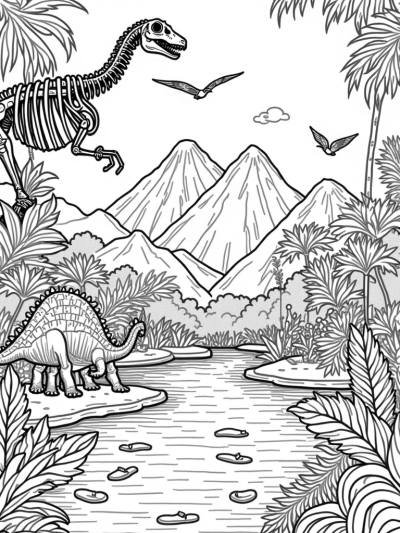 Prehistoric Jungle with Dinosaurs and Volcanoes