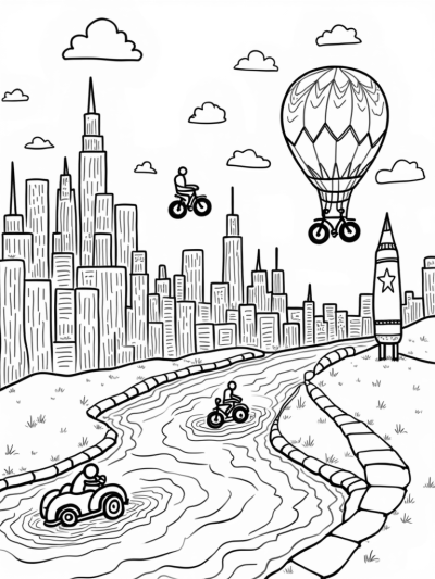 Flying Bicycles and a Pencil Rocket in a Colorful Cityscape