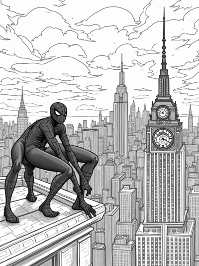 Cityscape at Dusk with Spider and Clock Tower