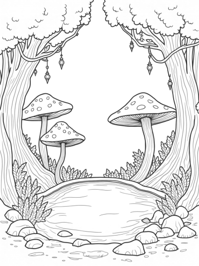 Towering Mushrooms and a Shimmering Pond