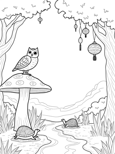 Jungle Scene with Owl, Turtles, and Twisted Tree