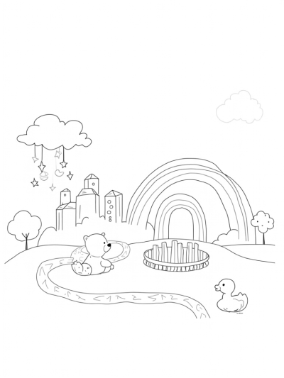 Nursery Skyline with Teddy Bear and Rainbow