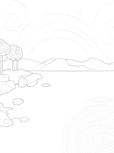 Serene Lake with Floating Circles and Giant Flowers