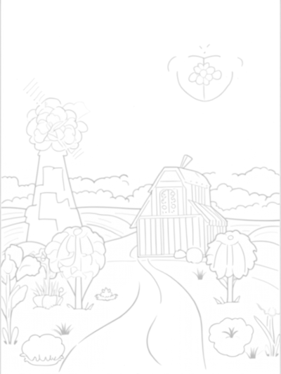 Giant Sunflowers and an Apple Barn Farm Scene