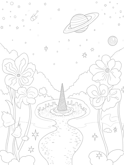 Celestial Flower Garden with Comets and a Black Hole