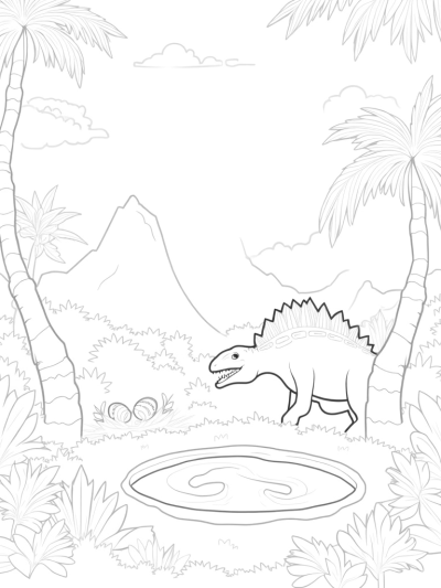Stegosaurus and Volcanic Spring in a Prehistoric Jungle